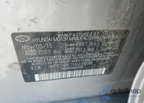 2015 Hyundai Sonata Se z USA, uszkodzony, nr VIN 5NPE24AF7FH235646